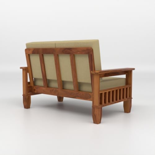 Image of Solid Sheesham Wood 2 Seater Sofa for Living Room | Premium Wooden Loveseat with Side Magazine Rack | Cushioned Fabric Seat | Modern Solid Wood Sofa for Home & Office