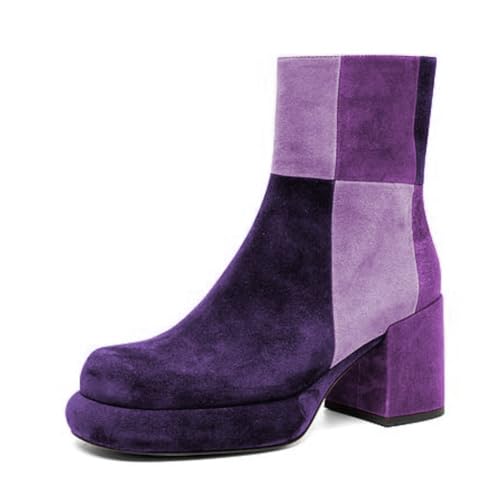miss left Women Classy Patchwork Chunky Heel Ankle Booties Rounded Toe Mid Heels Zipper Platform Short Boot Prom Event Winter Shoes Size 4-16 US