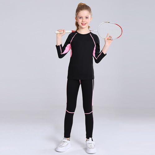 linboo Mädchen Sportanzug 2tlg Yoga Anzug mit Langen Ärmeln und Hosen, Elastisch, Outdoor eng anliegende Tanz- und Fitnessbekleidung für Kinder, Rosa, Herstellergröße：130 Geeignete 128-134