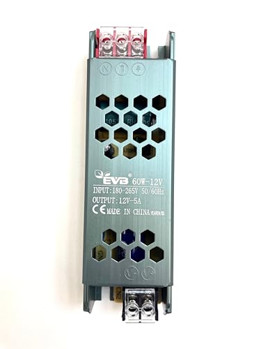 60W LED Driver Power Supply, 12V DC Output, 5A, AC 220/230V Input, Constant Voltage, Slim Design, for LED Strip Lights, Bulbs, Indoor Lamps
