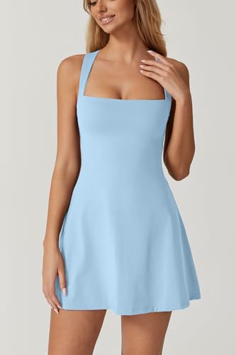 Image of QINSEN Womens Square Neck Tennis Dress Sleeveless Built in Shorts Golf Athletic Dress with Pockets