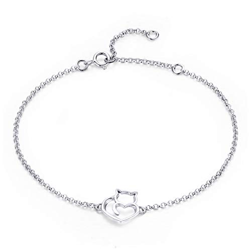 NewL Pulsera y brazaletes de plata de ley 925 con eslabones de gato y corazón para mujer, auténtica joyería de plata de ley