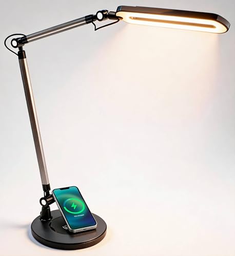 OTUS Lampara Escritorio LED con Cargador Inalámbrico | 3 Colores & 12 Niveles de Brillo | Flexo LED Escritorio para Oficina en Casa con Brazo Ajustable | Luz Sin Parpadeos para Estudio y Videollamadas