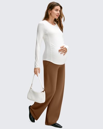Image of G4Free BareFeel Maternity Pants Over the Belly Pregnancy Trousers for Work | High Waist Coverage,Two Side Pockets,Wide Leg Design,Soft Knit Fabric,for Dress Casual Yoga