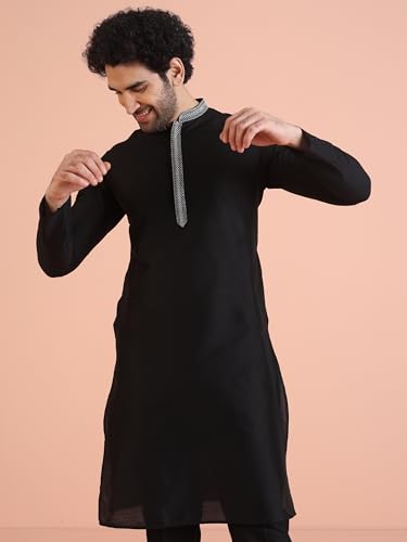Image of KISAH Men's Navy Blue Printed Cotton Kurta - Regular Fit Long Tunic with Mandarin Collar | Ethnic Wear for Weddings & Festive Occasions