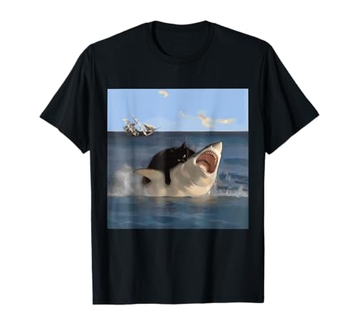 Cat Biting Shark Funny T-Shirt