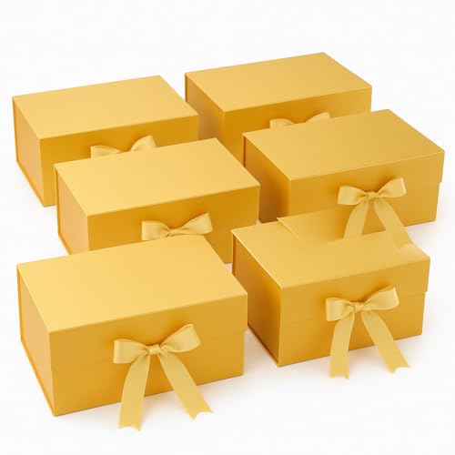 Image of Awestuffs Premium Golden Gift Boxes for Gift Packaging, Reusable Decorative Gift Boxes (23 x 16 x 10 cm) for Hampers, Weddings, Birthdays, Festivals & Corporate Gifts (Pack of 6)