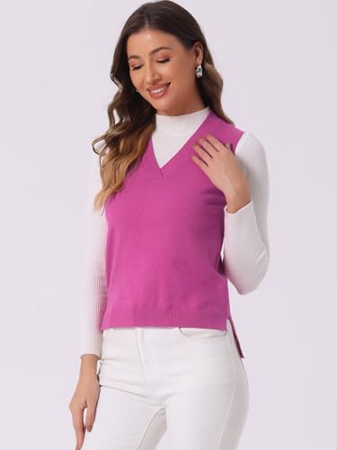 Image of Allegra K Women's V Neck Sweater Vest Knit Pullover Sleeveless Sweater Top | v neck, sleeveless, solid color, high low hem, basic pullover sweater vest, knit fabric, spring casual top