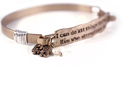 Image of I CAN DO All Things Bar Christian Bangle Bracelet with Wire Design and Phil 4:13 inch Charm and Pearl Bead Bible Verse Bracelet for Faith, Inspiration and Positivity -