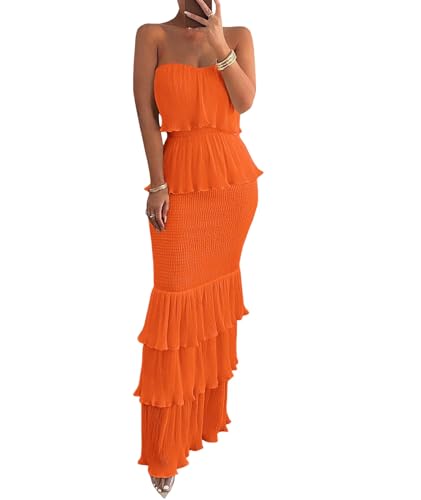 Image of SEMATOMALA Women's Boho Tube Top Tiered Ruffle Slim Fitted Maxi Dress Smocked Vacation Holiday Long Dress