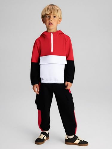 Image of Azmxynol Boys Clothes Kids Little Boy Color Block Half Zip Hoodie & Jogger Pants 2 Piece Outfit Set,4-12 Years