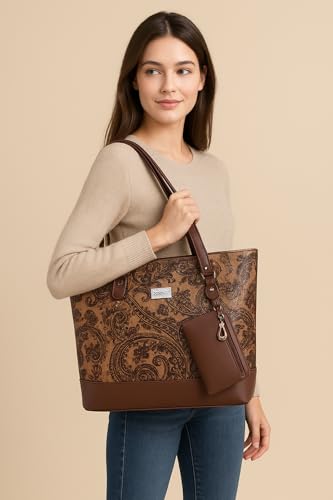 Image of De Elmore Elegant Floral Paisley Print Tote Bag | Women's Designer Look Top Handle Shoulder Purse with Zipper Pouch