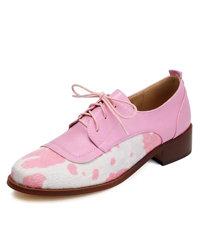 SHEMEE Women's Pony Hair Oxfords Chunky Low Heels Two Tone