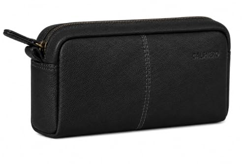 Image of Calfnero Genuine Leather Toiletry Bag for Men & Women | Premium Leather Travel-Pouch | Toiletry Organizer | Cosmetic & Shaving Kit Bag | Unisex Travel Dopp Kit (Black)