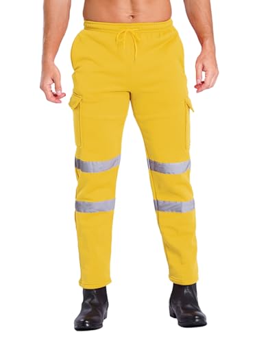 Eandarui Pantalones de trabajo para hombre, elásticos, con protección de visión, cintura alta, con rayas, ajustados, pantalones cargo con bolsillos, informales, amarillo, M