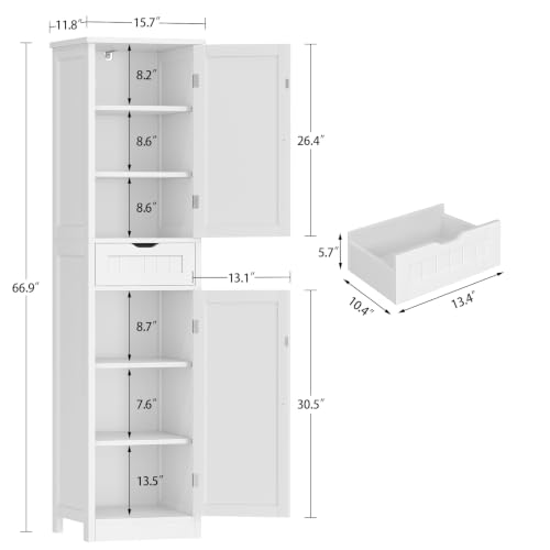 Image of TEENFON 66.9 inch H Tall Bathroom Cabinet with 2 Doors & 1 Drawer, Narrow Bathroom Storage Cabinet with Adjustable Shelves, for Living Room, Entryway, Kitchen, White