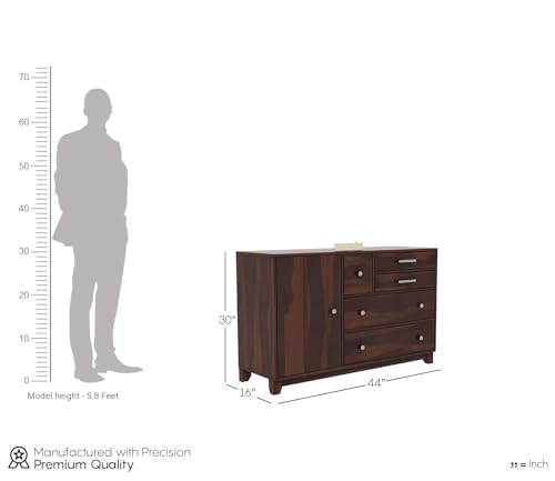 Image of Sheesham Wood Wooden Chest of Drawers: 4 Drawers & 3 Shelves Sideboard Dresser with Ample Storage Space (Harold)
