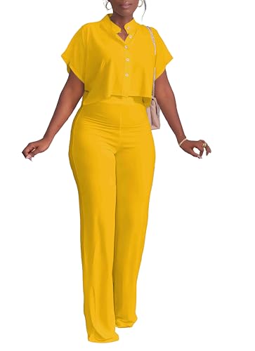 HBQ Women's Summer 2 Piece Outfits Casual Tracksuit Short Sleeve Button Down Crop Top Wide Leg Long Pant Lounge Sets-L-Yellow