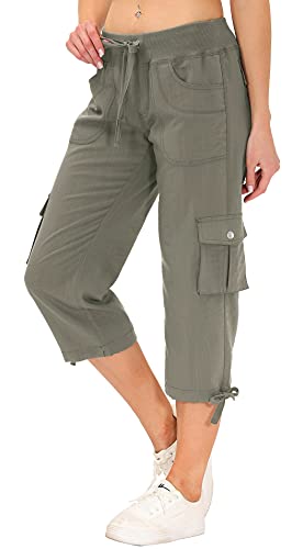 Mofiz Women's Cargo Hiking Pants Lightweight Quick Dry Running Capri Pants Athletic Workout Casual Outdoor Button Pockets Grey Khaki 2Xl #TOP2