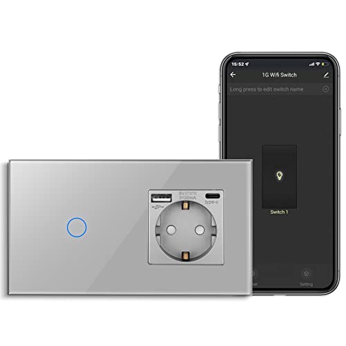 CNBINGO Interruttore della luce Smart Touch con presa USB Schuko, con connettore USB e tipo C (max. 3,1 A), interruttore della luce WLAN per Alexa, Google Assistant, presa da parete con contatto di