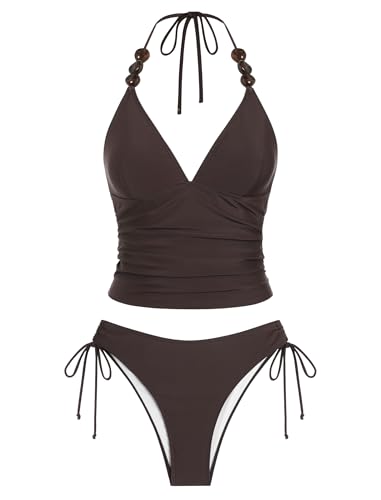 Image of ZAFUL Women's V Neck Tummy Control High Waisted Tankini Swimsuits | Adjustable Spaghetti Strap, Sexy Plunging Neck, Tummy Control Tank Top, Tie Side Cheeky Bikini Bottom, 2 Piece Bathing Suit
