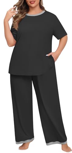 Lastshe Womens Plus Size Pajama Set 2 Piece Short Sleeve Pants Sleepwear Pjs Lounge Set Knit Soft with Pockets