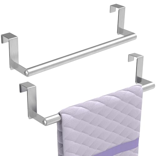 STWWO Over The Door Towel Rack, Kitchen Towel Holder Over Cabinet Door Towel Bar Stainless Steel for Cupboard for Kitchen Dish Towel Holder Hanger, 2 Pack (Brushed Nickel)