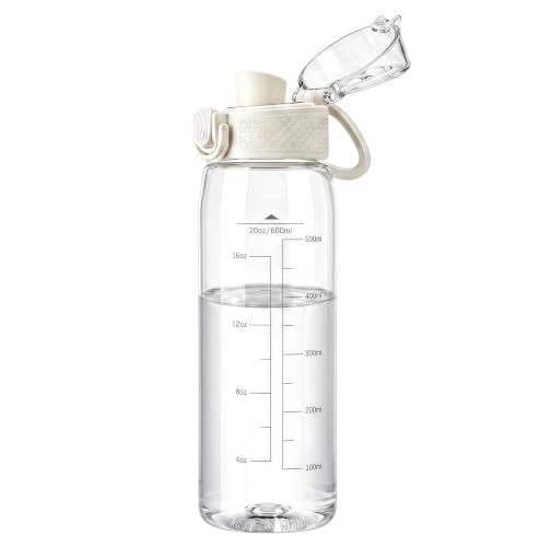 GOPPUS 20oz Kids Water Bottle with Time Marker & Handle Tritan BPA-Free Reusable Leakproof Anti-Dust Everyday Clear Kids Water Bottles For School Car Travel Gifts Boys Girls(White)