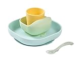 BÉABA, Baby-Essensset aus Silikongeschirr, Mit Saugnapf, Rutschfest, 4 Teile, Teller + Schüssel + Glas + Löffel, Gesundes und nachhaltiges Silikon, Spülmaschinenfest, Mikrowellengeeignet, Gelb