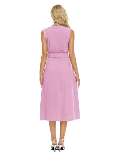 Image of Ladyful Women's Sleeveless Cotton Linen Midi Dress V Neck A Line Tank Dress