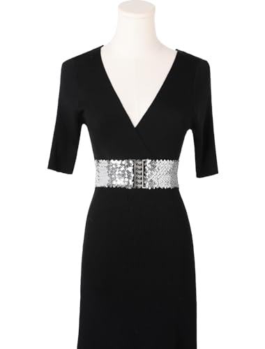 uxcell Ladies Sequins Decor Metal Interlooking Buckles Elastic Waist Belt4