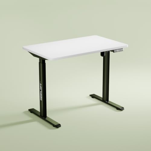 Image of Electric Standing Desk Height Adjustable Workstation, Ergonomic Sit Stand Desk with Walnut Wood Grain Desktop, Motorized Computer Desk for Home Office (Black Frame & White Top, 1200 x 600 mm)