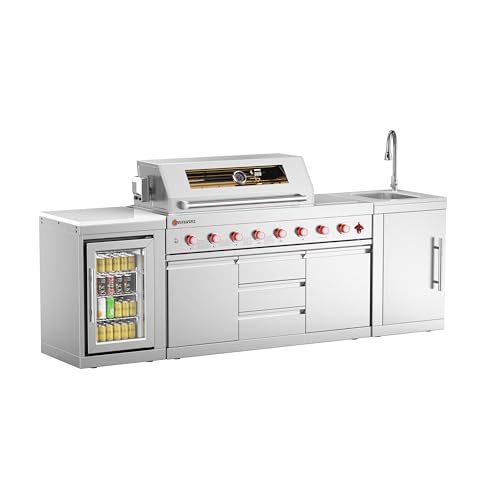 VESTIVIUM 102" All-in-One Outdoor Kitchen Island, No-Construction Modular Grill Station with 117,000 BTU, Sink, Fridge, SS304 & White Quartz, Complete 1-Hour Setup for Large Patio & Backyard （Natural）
