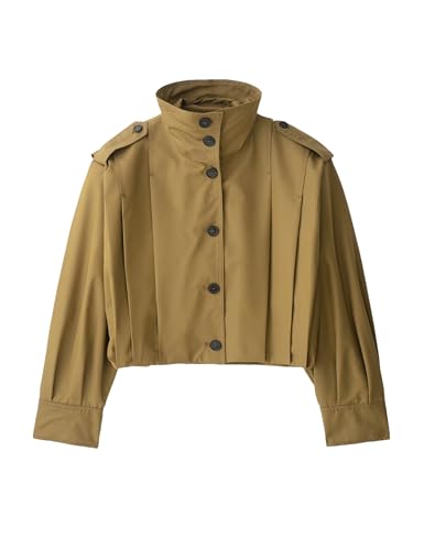 Womens Cropped Pleated Jacket Lapel Long Sleeve Button Down Short Trench Coat Casual Trendy Outwear4