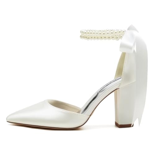 Image of Satin Wedding Shoes for Bride Block Heel Bridal Shoes Pointed Toe Pearl Wedding Heels