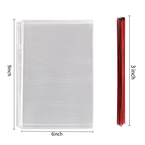 MoloTAR 100 Pcs 9 in x 6 in(1.4mil.) Clear Flat Cello Cellophane Treat Bags Good for Bakery, Cookies, Candies,Dessert with random color Twist Ties! - Thumbnail 2