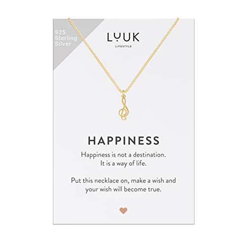 LUUK LIFESTYLE Collier avec Pendentif Clef de Sol en Argent Sterling 925 et Carte HAPPINESS, Personnalisé Cadeau fan de Musique, Noël femme, Fille, Bijou Motif...