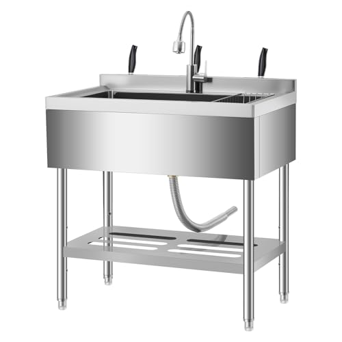 35 Inch Freestanding Stainless Steel Utility Sink with Pull-Out Faucet, Adjustable Height Laundry Tub with Hot & Cold Water, Basket, Shelf & Drain Kit for Kitchen, Garage, Outdoor, Basement