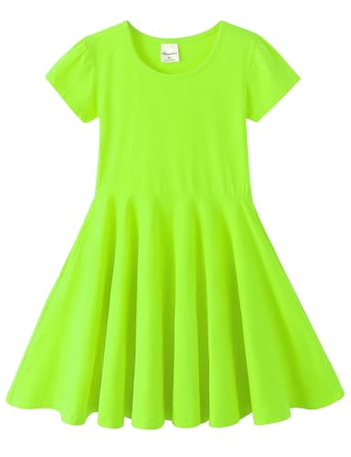 Noomelfish Girls Short Puff Sleeve Dress Summer Casual Knit Swing Twirl Skater Dresses with Pockets (2-12 Years)