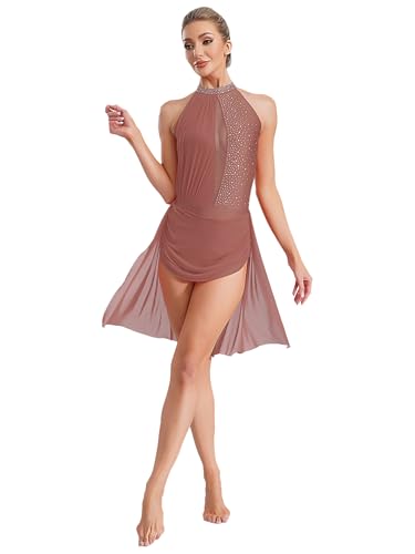 JEATHA Vestido De Danza Lírica Brillante para Mujer Vestido De Ballet Sin Mangas Maillot De Patinaje Artístico Competición Rosa empolvado S