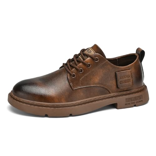 Mens Retro Leather Lace-Up Dress Oxfords Shoes Round Toe Non Slip Low Top Chunky Heels Casual Derby Shoes for Walking Outdoor Driving