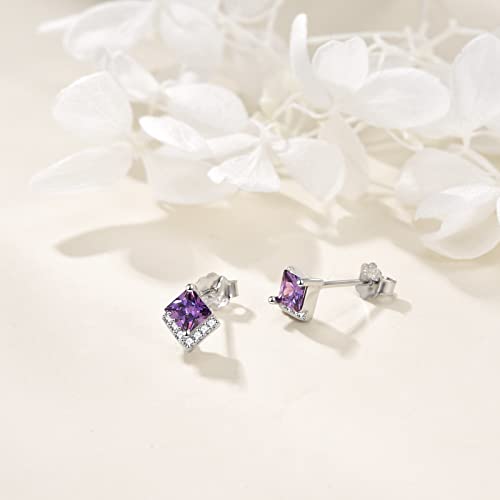 Birthstone Stud Earrings Sterling Silver Square Created Amethyst February Earrings Cubic Zirconia Hypoallergenic Piercing Jewelry Small Gifts For Women Girls Mothers #TOP2