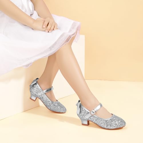 PANDANINJIA Girls Toddler/Little Kid Jada Dress Mary Jane Pumps with Heels Bow Party Wedding Princess Shoes (Silver Sequin, 13 M US Little Kid)