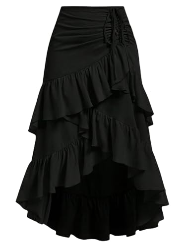 ebossy Women's Elegant Layered Midi Skirt Ruched Bodycon Mermaid Irregular Ruffle Hem Fishtail Long Skirts