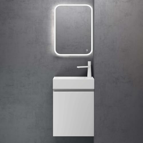 doporro Badmöbel Set Waschtisch mit Unterschrank Waschbecken-Unterschrank für Gäste-WC 46cm in matt weiß Design Waschplatz Wandmontage inkl. LED-Spiegel Pisa 02