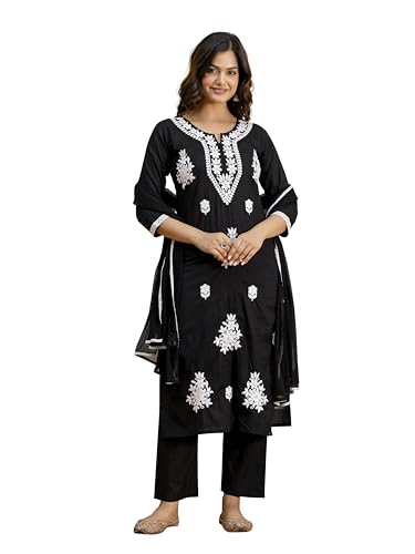 Image of TRENDMALLS Women's Cambric Cotton Embroidery Work Kurta Pant with Dupatta Set