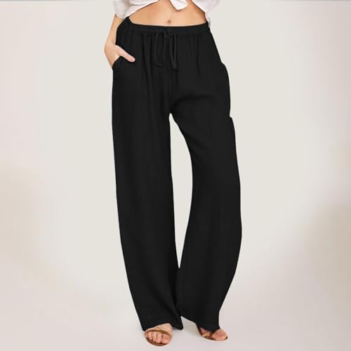 Linen Pants Women Wide Leg Pants Casual Lightweight Lounge Drawstring Elastic Waist with Pockets2