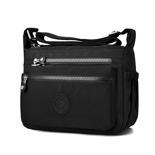 Bolso bandolera para mujer, de nailon, tamaño mediano, impermeable, con muchos compartimentos, correa ajustable, bolso para mujer, color negro, Hierro