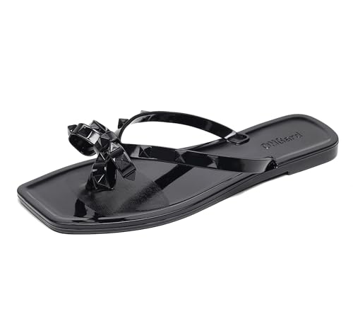 Studded Sandals for Womens Bow Flip Flops Jelly Shoes Beige Jellies Flat Size 9, Summer Beach Thong Slides with Rivets Dress Slippers Square Toe Slip On