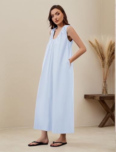 Image of OLAPTA Women Summer Sleeveless Maxi Dress Scoop Neck Ruched Loose Fit Casual Elegant Solid Vacation Long Dress with Pockets